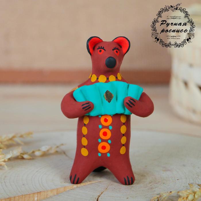 Дымковская игрушка "Медведь с цветком, с петухом, с гармонью", 11 см,  микс - фото 1905368009