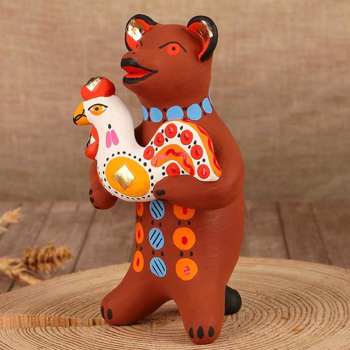 Дымковская игрушка "Медведь с цветком, с петухом, с гармонью", 11 см,  микс - фото 1883260302