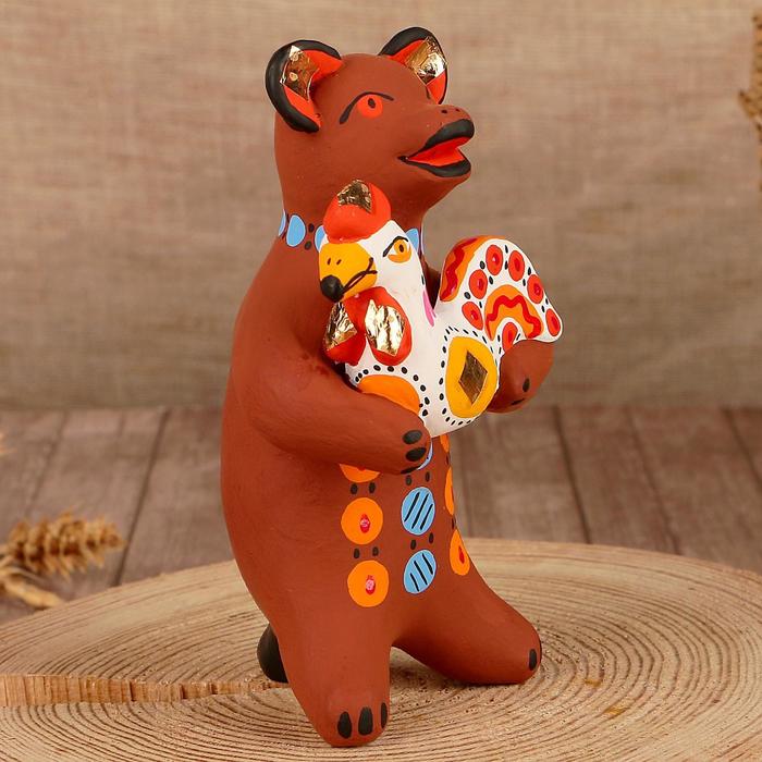 Дымковская игрушка "Медведь с цветком, с петухом, с гармонью", 11 см,  микс