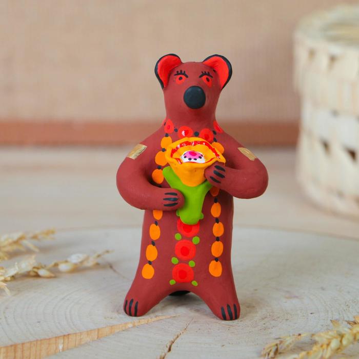 Дымковская игрушка "Медведь с цветком, с петухом, с гармонью", 11 см,  микс - фото 1925796860