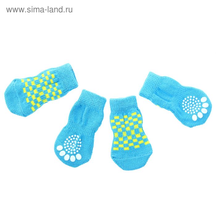 Носки хлопковые нескользящие "Квадраты", размер L (3,5/5 * 8 см), набор 4 шт, синие - Фото 1