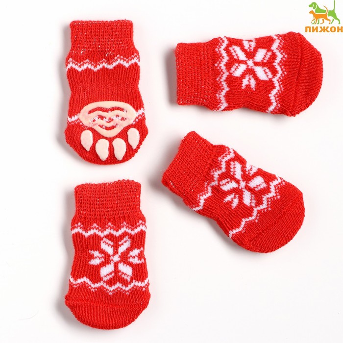 Носки нескользящие "Снежинка", размер S (2,5/3,5 * 6 см), набор 4 шт, красные - Фото 1