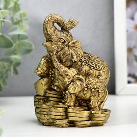 Нэцке полистоун под бронзу "Слон со слоненком - хоботы вверх, на монетах" 10х7,2х6,8 см