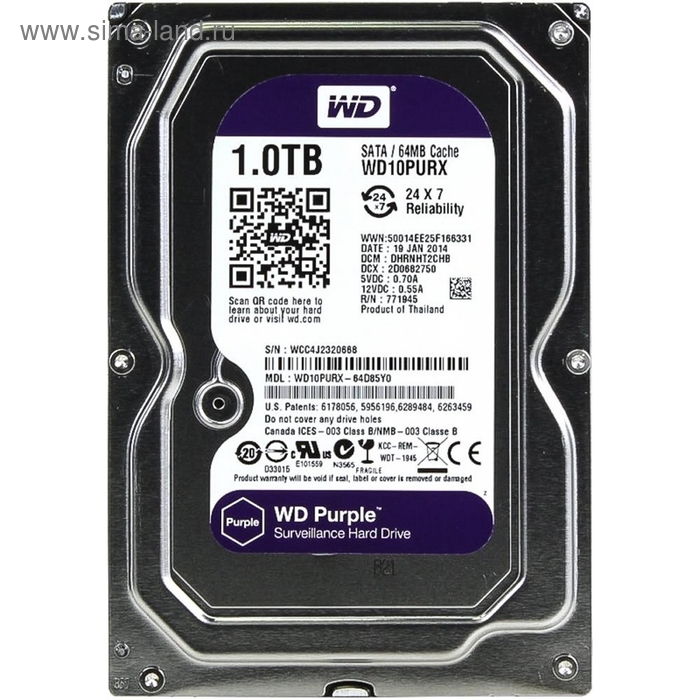 Жесткий диск WD Purple 1Tb (WD10PURX) SATA-III - Фото 1