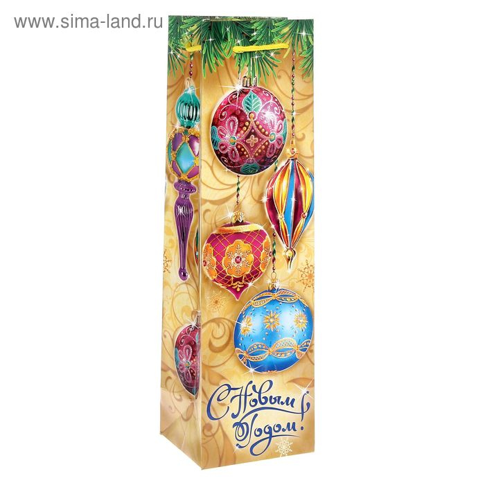 Пакет ламинированный под бутылку «Елочные игрушки», 10,5 × 36 × 9 см - Фото 1
