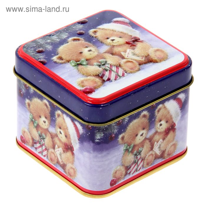 Шкатулка металл новогодняя квадрат "Мишки на снегу" 6х7,5х7,5 см - Фото 1