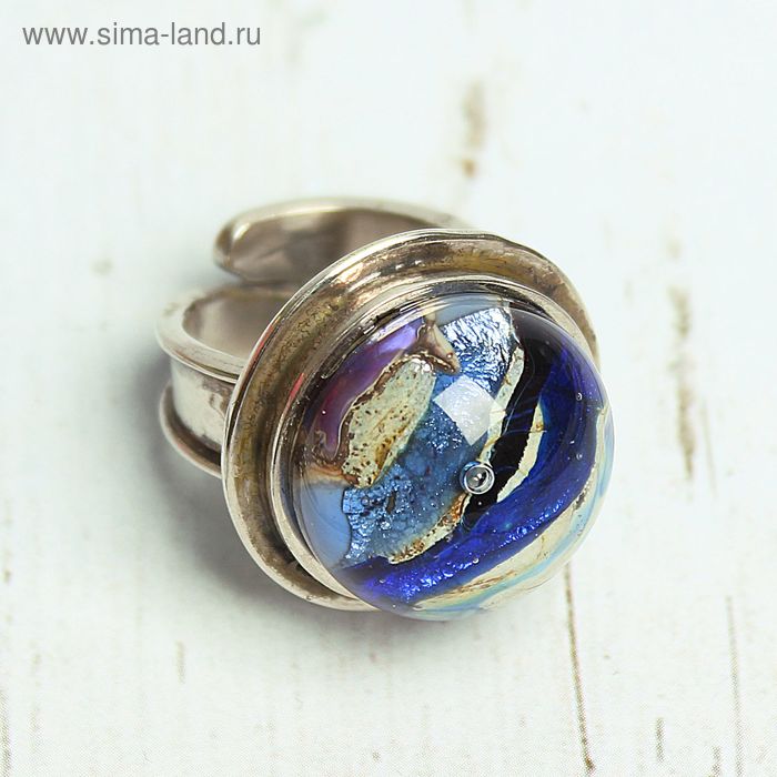 Кольцо ручной работы "Муранское стекло", полушар, цвет сине-песочный в серебре - Фото 1