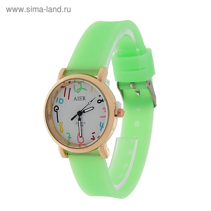 Часы наручные женские, цветные цифры, ремешок силиконовый зеленый - Фото 1