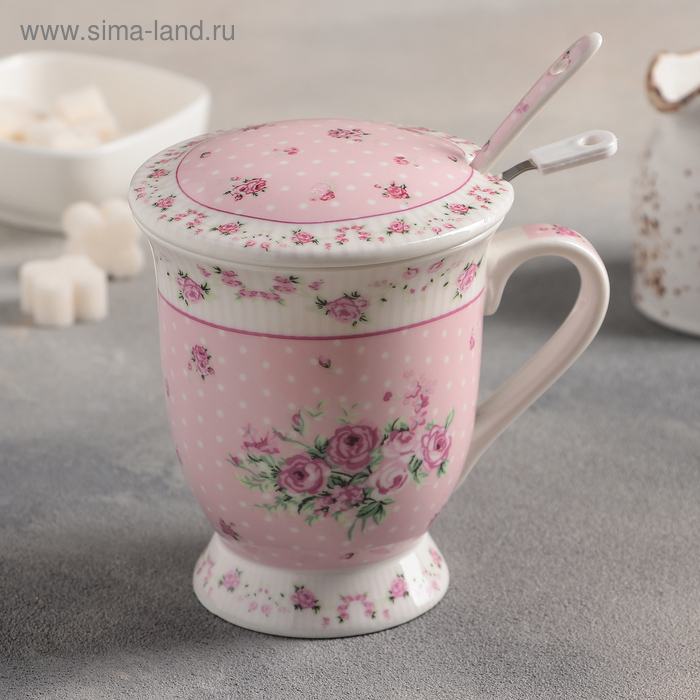 Кружка заварочная 350 мл «Рондо» с крышкой, ситом и ложкой, цвет розовый - Фото 1