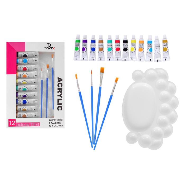 Краски акриловые, 12 цветов в пластиковой тубе, 12 мл, в картонной коробке, 4 кисти, палитра - Фото 1
