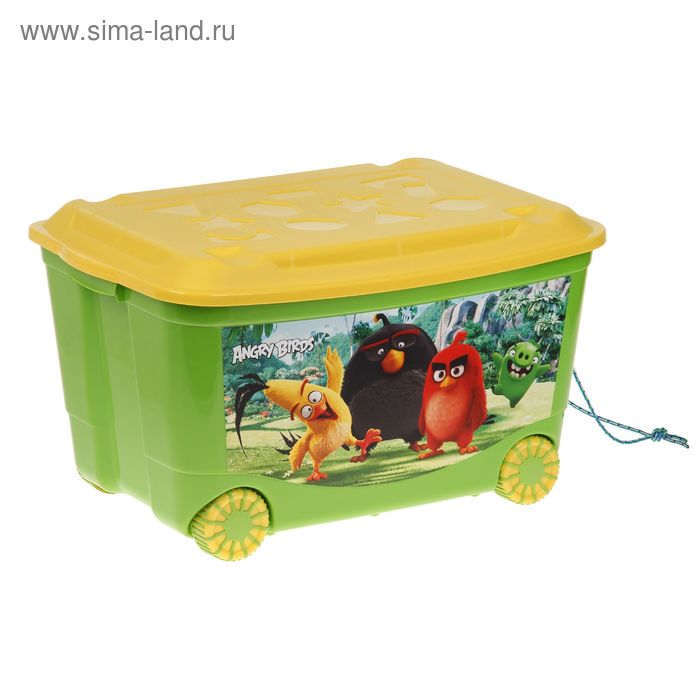 Ящик для игрушек с аппликацией Angry birds на колёсиках, с крышкой, 50 л, цвет зелёный - Фото 1