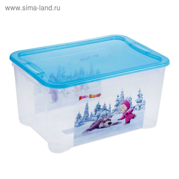 Ящик для игрушек "Маша и медведь", 46 л, прозрачный с голубой крышкой - Фото 1