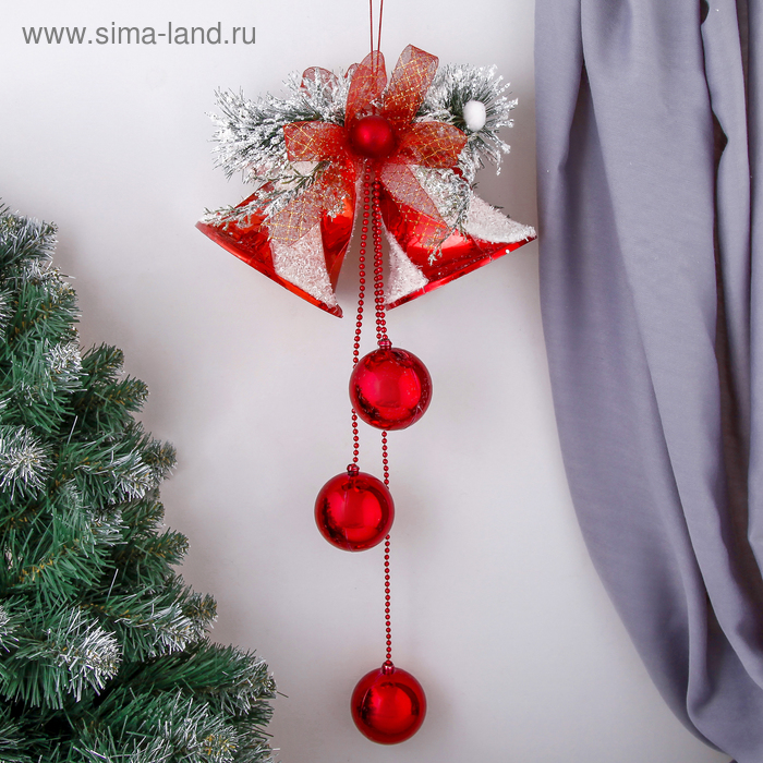 Украшение новогоднее "Два колокольчика красные с шариками и бантиком" 21х37 см - Фото 1