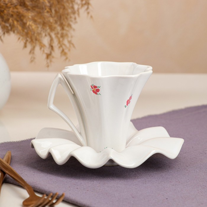 Чайная пара "Лотос белый", декор, 2 предмета, блюдце, кружка 0.2 л, микс - Фото 1