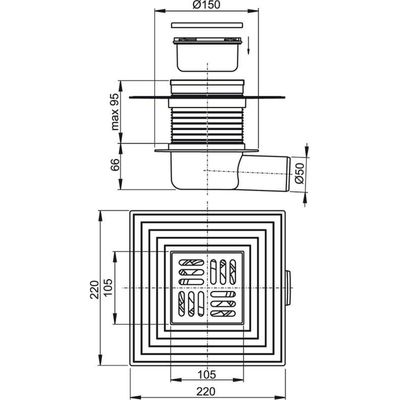 Сливной трап AlcaPlast APV26C, 105×105/50 мм, подводка – боковая, решетка – нержавеющая сталь