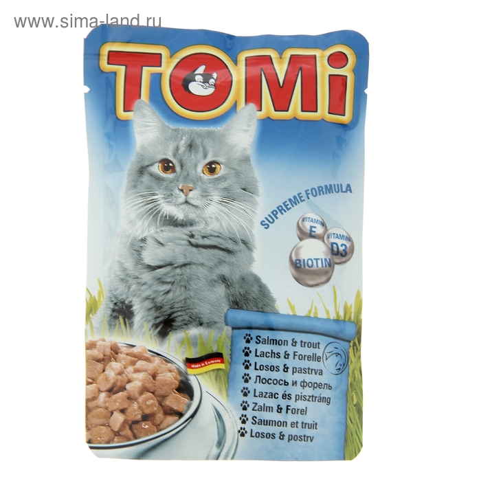 Влажный корм TOMI для кошек, лосось с форелью, пауч., 100 г. - Фото 1