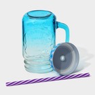 Кружка Доляна «Галерея», 500 мл, 11×8×13.5 см, с крышкой и трубочкой, стекло, голубая - Фото 6