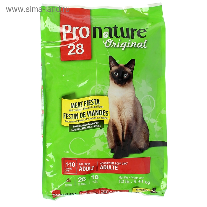 Корм Pronature 28 для кошек, "Мясной Праздник" цыпленок/лосось/ягненок, 5,44 кг. - Фото 1