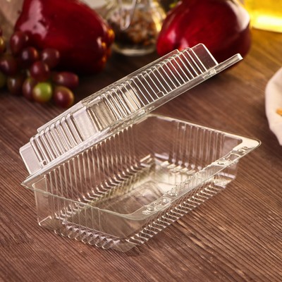 Контейнер пластиковый одноразовый с неразъёмной крышкой УТ39/1, 880 мл, 18×11×7 см, внутренний 16×8,5 см, прозрачный