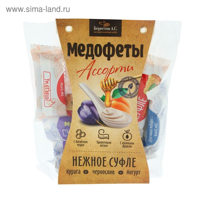 Медофеты Берестов А.С. суфле ассорти с йогуртом, курагой, черносливом и мёдом, пакет, 150 гр.   1518 - Фото 1