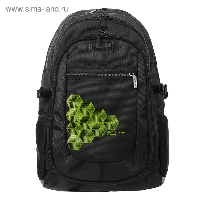 Рюкзак молодёжный на молнии, 2 отдела, 4 наружных кармана, чёрный/ зелёный - Фото 1
