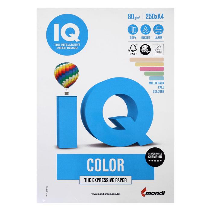 Бумага цветная А4 250 л, IQ COLOR, 80 г/м2, 20,23,25,28,30 по 50 л - фото 51314066