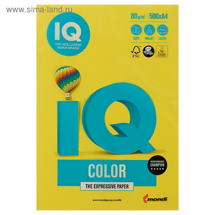 Бумага цветная А4 500 л, IQ COLOR, 80 г/м2, желтый, CY39 - Фото 1