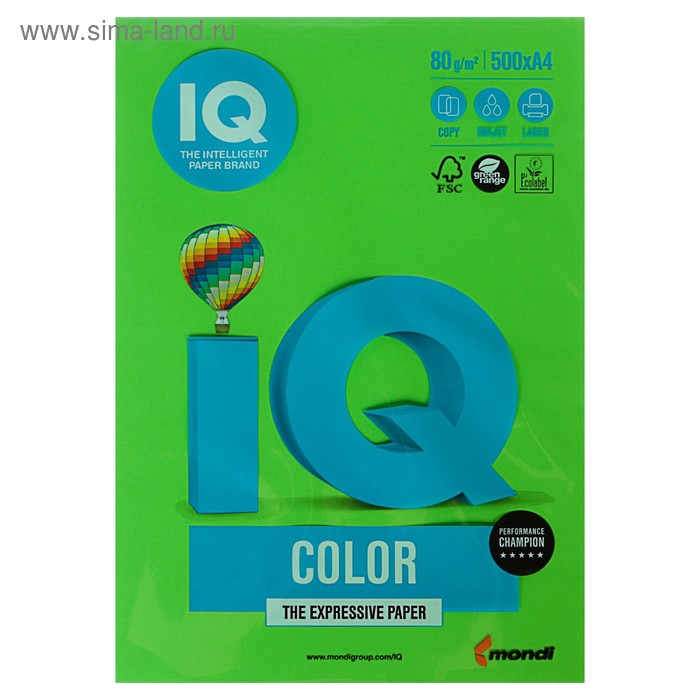 Бумага цветная А4 500 л, IQ COLOR, 80 г/м2, зеленый, MA42 - Фото 1