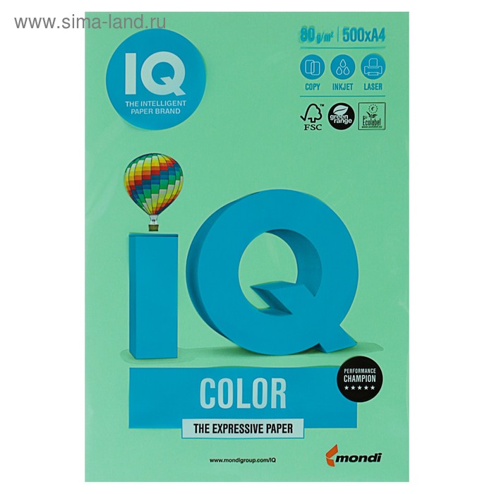 Бумага цветная А4 500 л, IQ COLOR, 80 г/м2, зеленый, MG28 - Фото 1