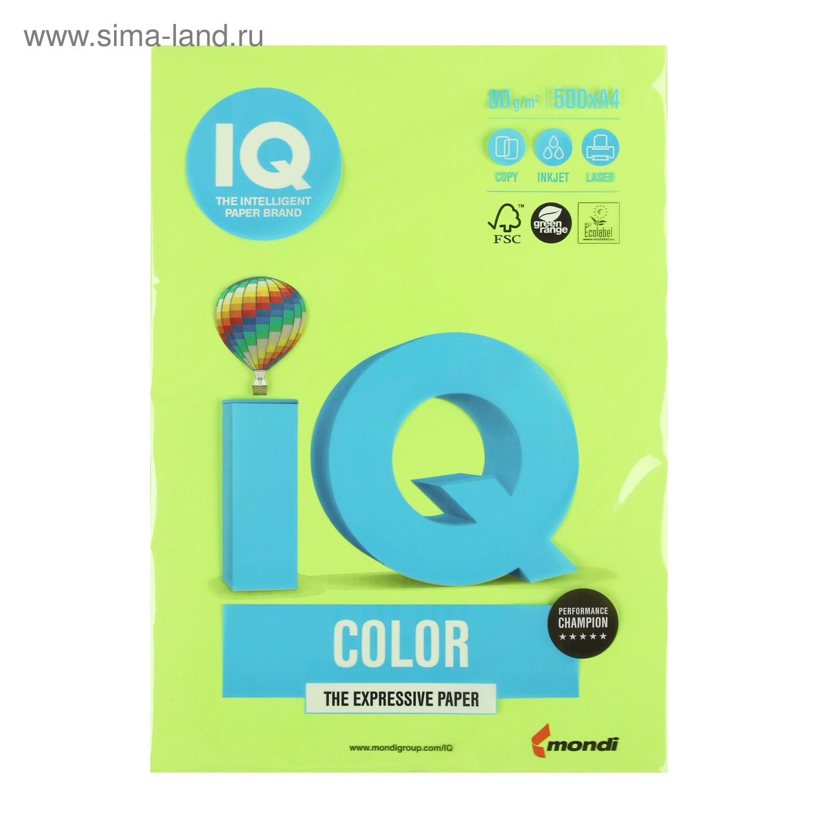 Бумага цветная А4 500 л, IQ COLOR, 80 г/м2, зеленый неон, NEOGN (110668 ...