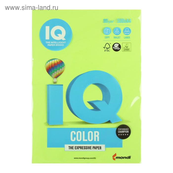 Бумага цветная А4 500 л, IQ COLOR, 80 г/м2, зеленый неон, NEOGN - Фото 1