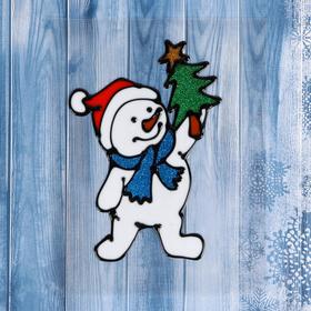 Наклейка на стекло 'Снеговик в синем шарфе с ёлкой' 10х15 см