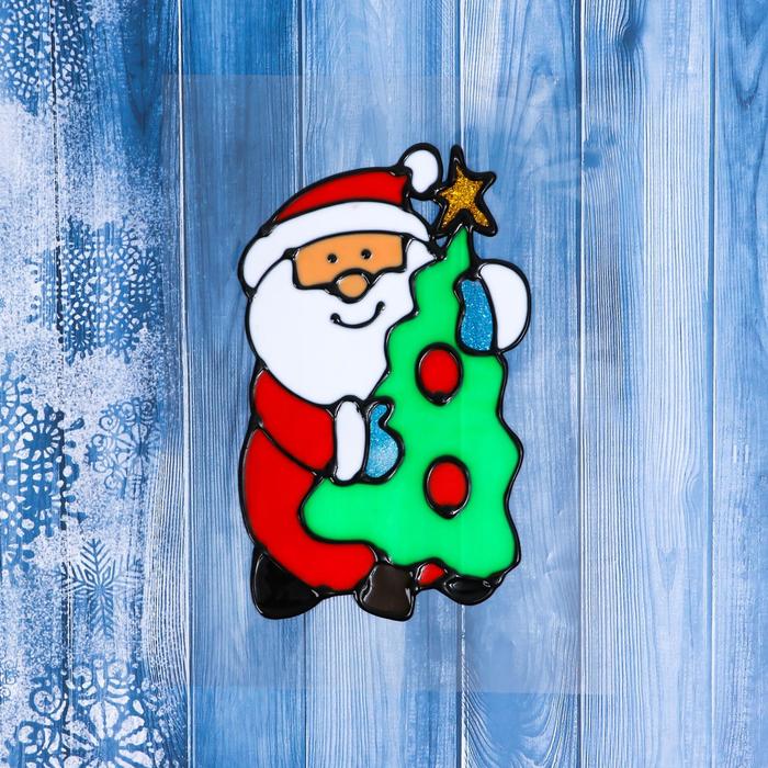 Наклейка на стекло "Дед Мороз с ёлкой" 9х14 см - Фото 1