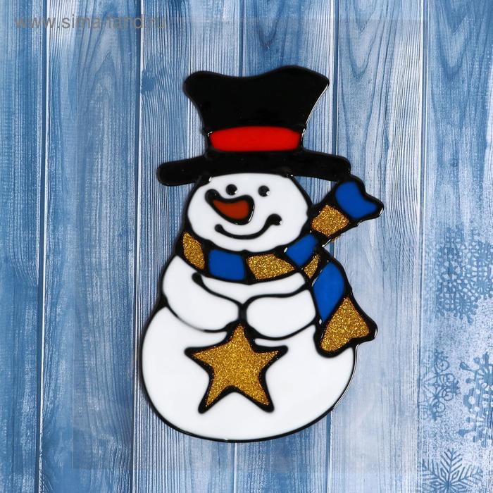 Наклейка на стекло "Снеговик в полосатом шарфе со звездой" 9,5х15 см - Фото 1