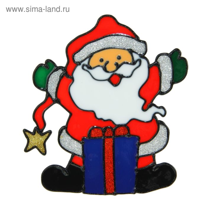 Наклейка на стекло "Дед Мороз в длинном колпаке с подарком" 13х15,5 см - Фото 1