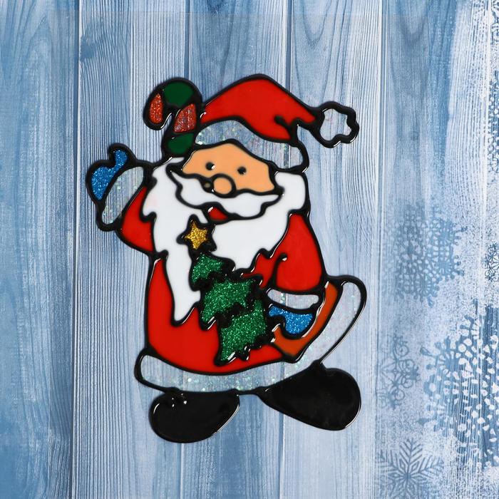 Наклейка на стекло «Дед Мороз с ёлкой» 10х14 см - Фото 1