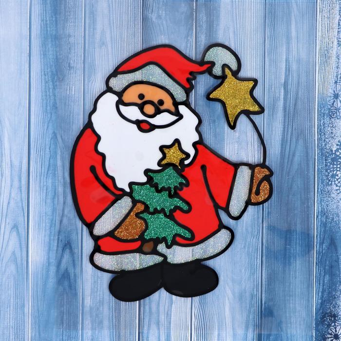 Наклейка на стекло "Дед Мороз с ёлкой и звёздочкой" 14,5х18 см - фото 283383353