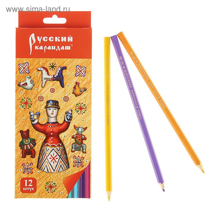 Карандаши 12 цветов Русский карандаш. «Фольклор», шестигранные, длина 175 мм, ok 6.4 мм - Фото 1