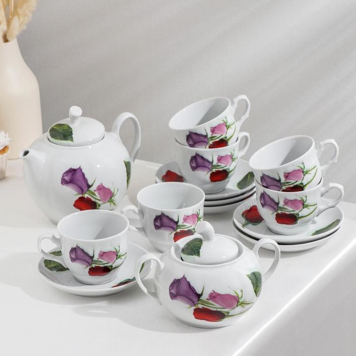 Сервиз чайный «Королева цветов», 14 предметов: чайник 1 л, сахарница 600 мл, 6 чашек 250 мл, 6 блюдец d=14 см - Фото 1