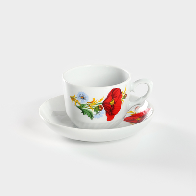 Чайная пара Добрушский завод «Маки красные», 2 предмета: чашка 250 мл, блюдце d=15 см, фарфор, белая