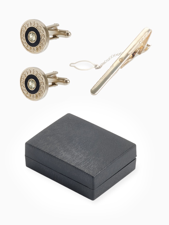Набор мужской медный «Запонки + Зажим для галстука» круг с гравировкой, чёрно-белый в серебре - Фото 1