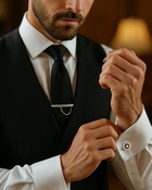 Набор мужской медный «Запонки + Зажим для галстука» круг с гравировкой, чёрно-белый в серебре - Фото 2