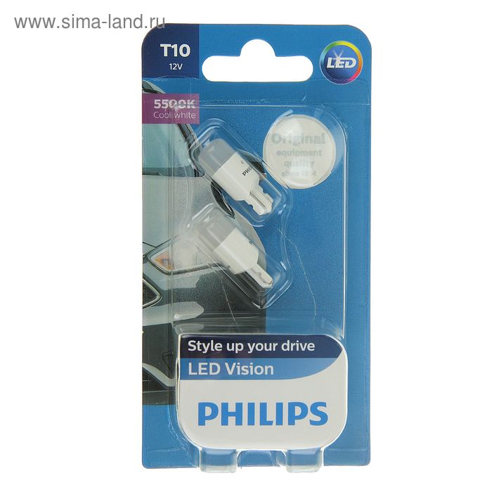 Лампа автомобильная Philips, W5W, 12 В, 1 Вт, LED 5500K, набор 2 шт. - Фото 1