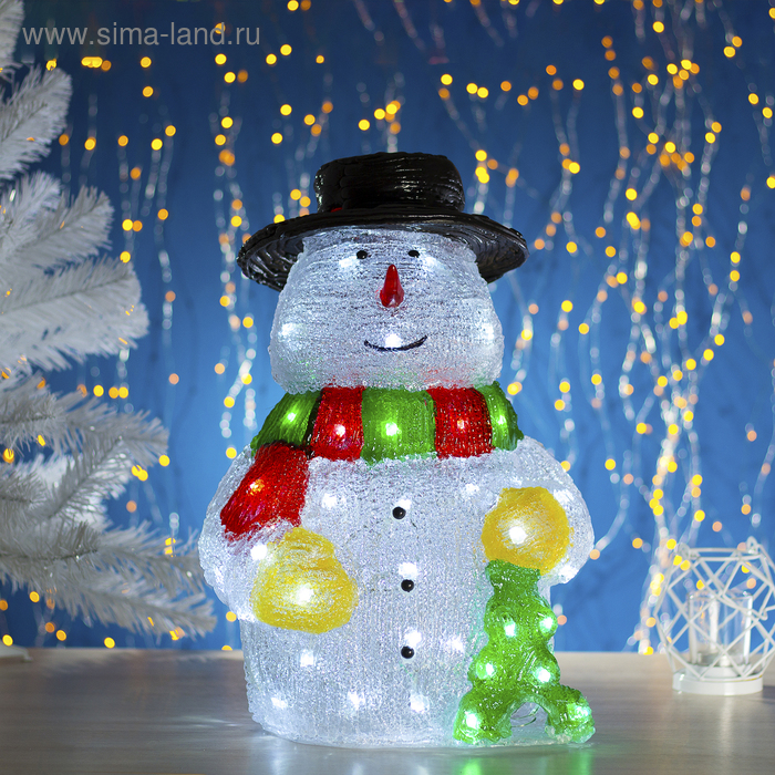 Фигура акрил. "Снеговик с елкой" 29х24х45 см, 50 LED, 8 режимов, 220V, БЕЛЫЙ - Фото 1