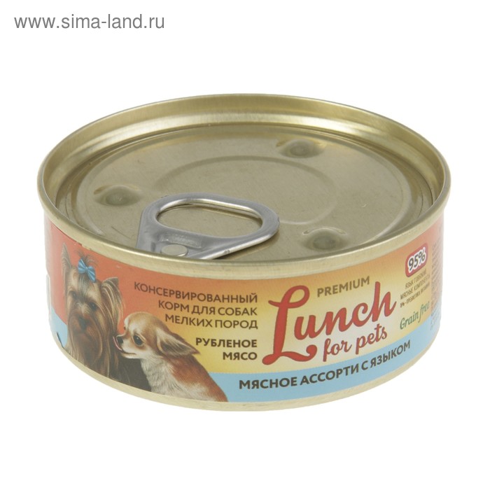 Консервы для собак Lunch for pets мясное ассорти с языком, рубленое мясо, ж/б 100 г - Фото 1