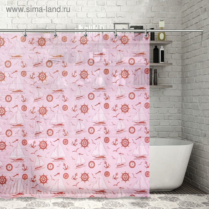 Штора для ванной «Кораблики», 180×180 см, полиэтилен, цвет розовый - Фото 1