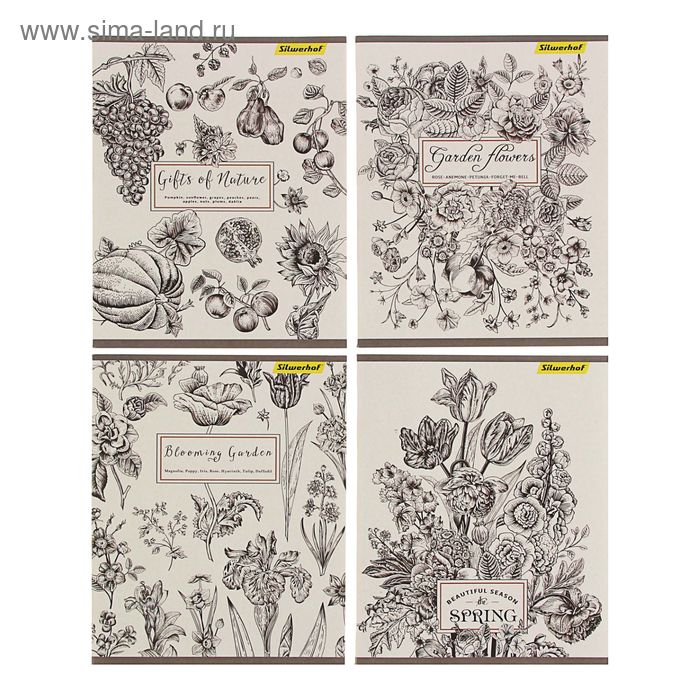 Тетрадь 40 листов клетка "Черно-белые цветы", картонная обложка, ВД-лак, 4 вида МИКС - Фото 1