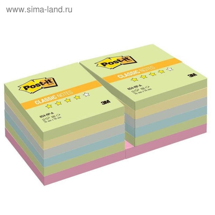 Стикеры Post-it 76x76 мм, 6 цветов, пастельные, 12 блоков по 100 листов - Фото 1