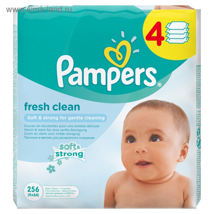 Детские влажные салфетки Pampers Fresh Clean, сменный блок, 4х64 шт - Фото 1