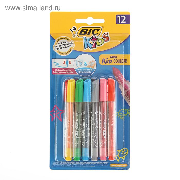 Фломастеры 12 цветов BIC Kids Mini Kid Colour, легко смываемые - Фото 1